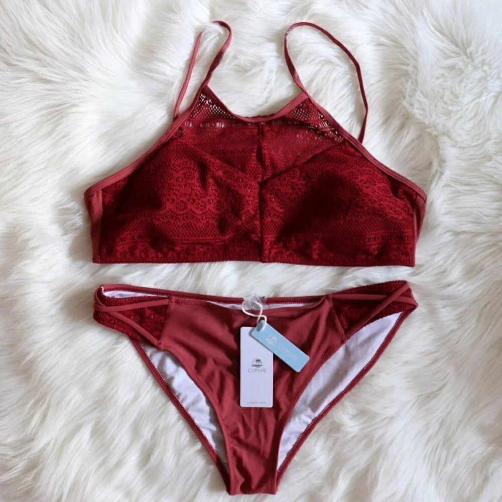 NEW Red Wine Red Lace Crochet Bohemian Boho Bikini Swim Set Size XXL